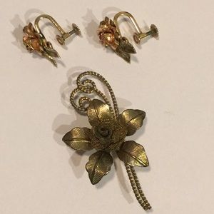 Vintage Gold Floral Earrings & Brooch